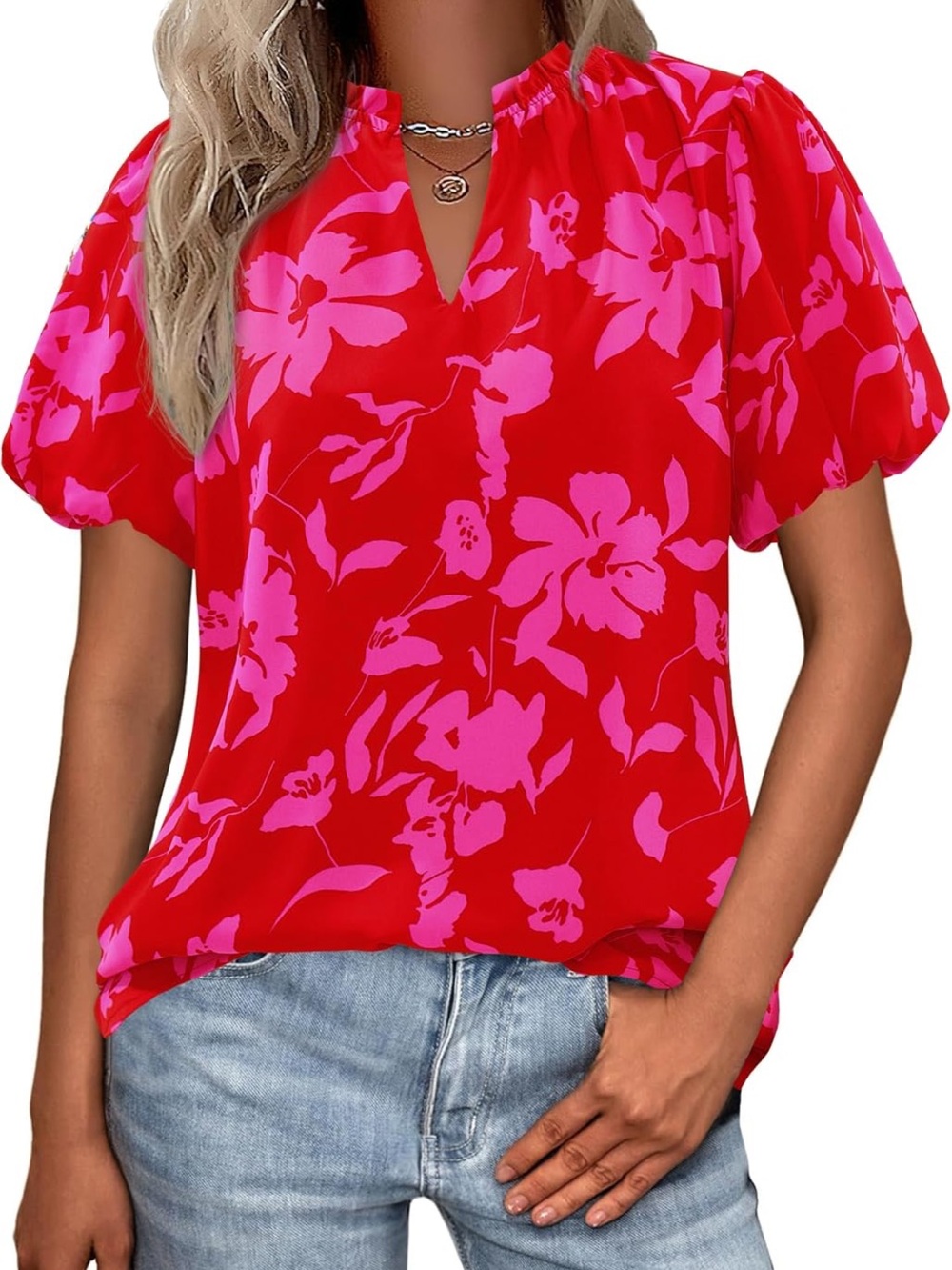 Women's Red Floral V-Neck Puff-Sleeve Blouse